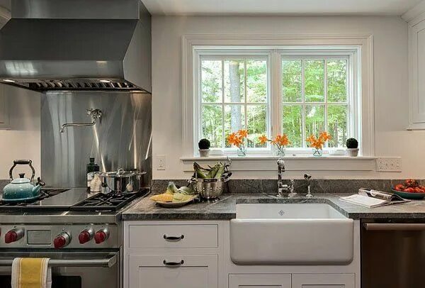 Раковина у окна фото Remarkable farm house preservation in Massachusetts Kitchen sink design, Granite