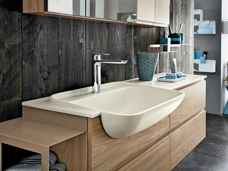 Раковина в интерьере ванной комнаты фото Semi-inset washbasin with integrated countertop Hito Collection by ARBLU Design 