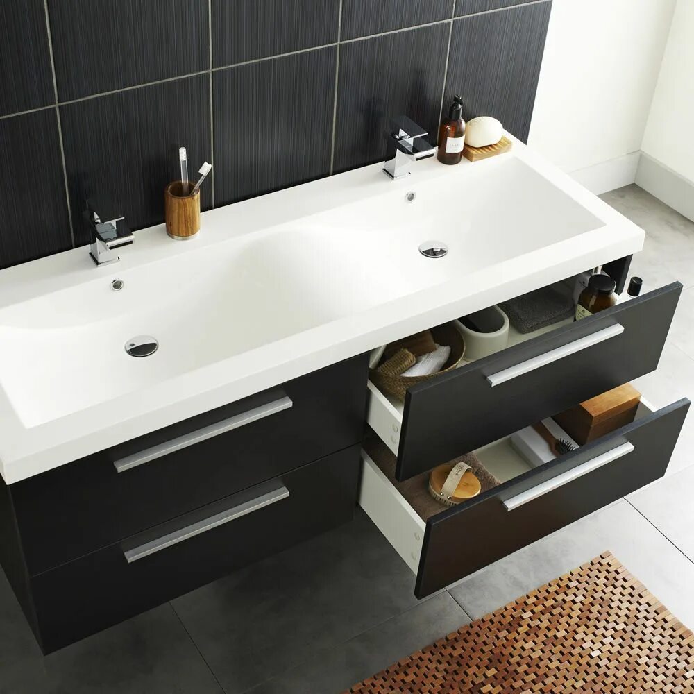 Раковины в ванную комнату фото цена Hudson Reed Quartet 1440mm High Gloss Grey Bathroom Vanity Double Basin Cabinet 