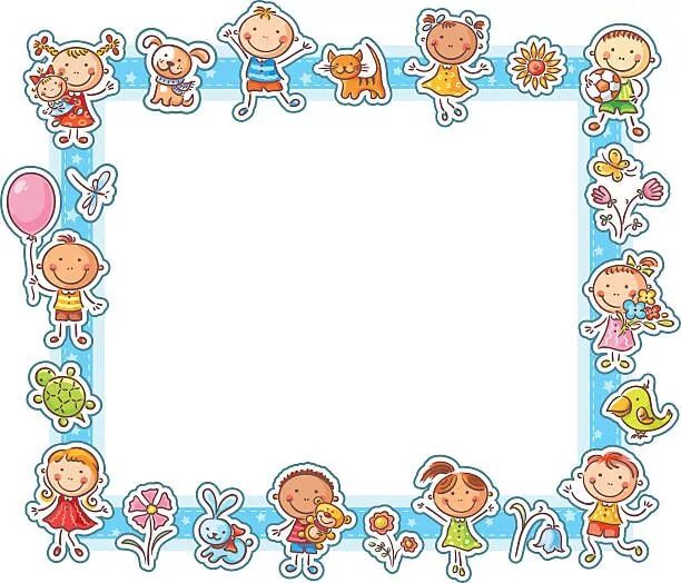 Рамка для оформления детская Rectangular frame with happy cartoon kids, pets and flowers. Molduras para crian