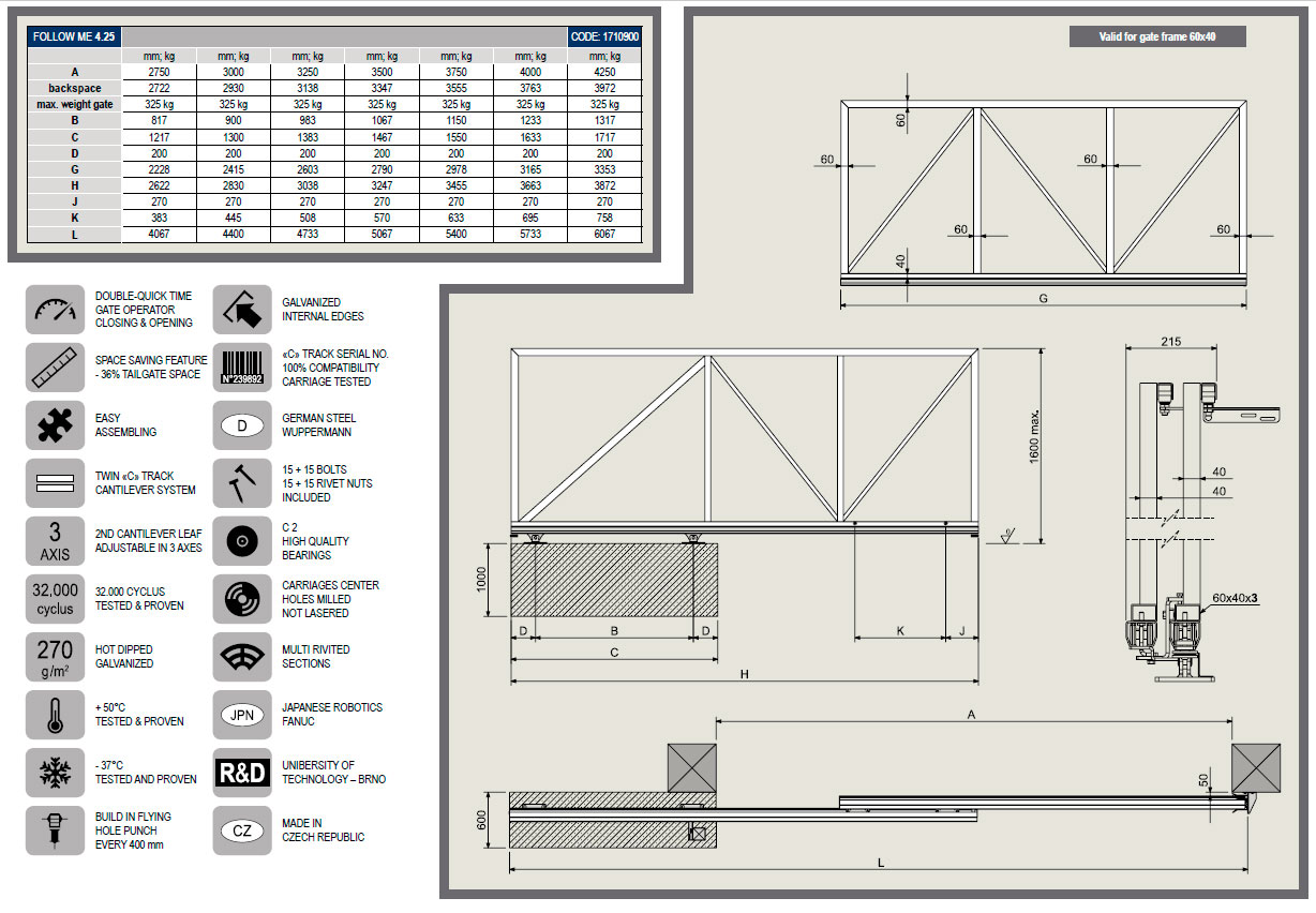 Рамка для откатных ворот чертеж CAME FOLLOW ME S Комплект для телескопических откатных ворот 1710900