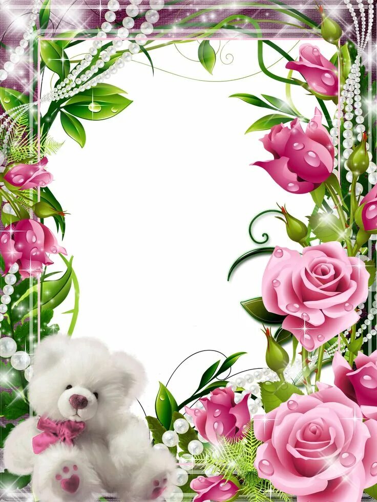 Рамочки для оформления фото Transparent Frame with Pink Roses and White Teddy Pink roses, Flower frame, Rose