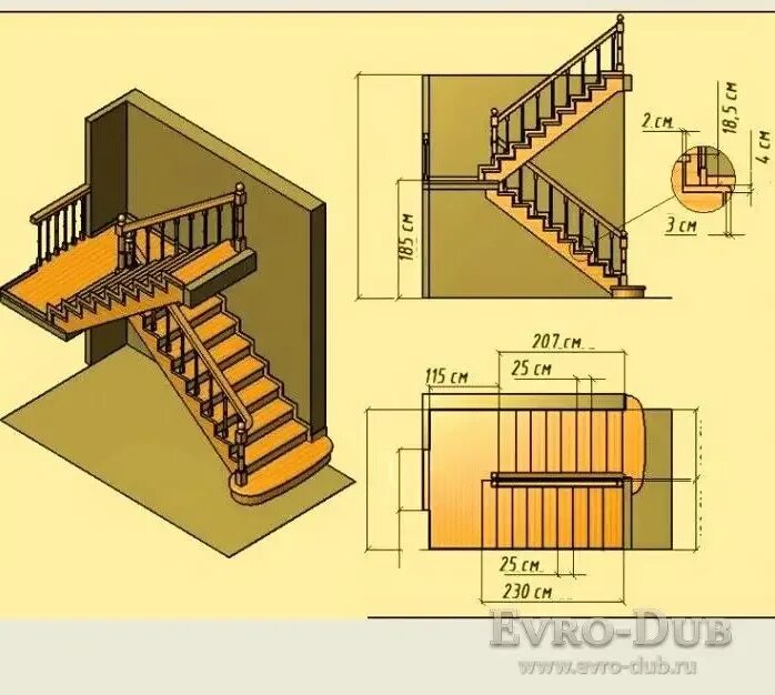 Расчет лестница на второй этаж фото Чертёж П-образной лестницы - компания Евро-Дуб