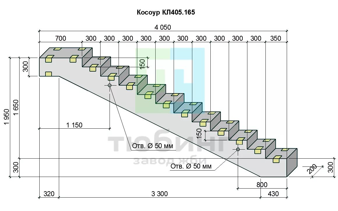 Расчет лестницы на косоурах с чертежами Косоур КЛ405.165 по серии 3.503.1-96. Выпуск 1-2