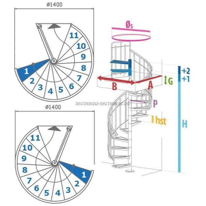 Расчет винтовой лестницы чертежи Винтовая лестница "Novo 3", диаметр 1400 мм, высота 2714-2892 мм
