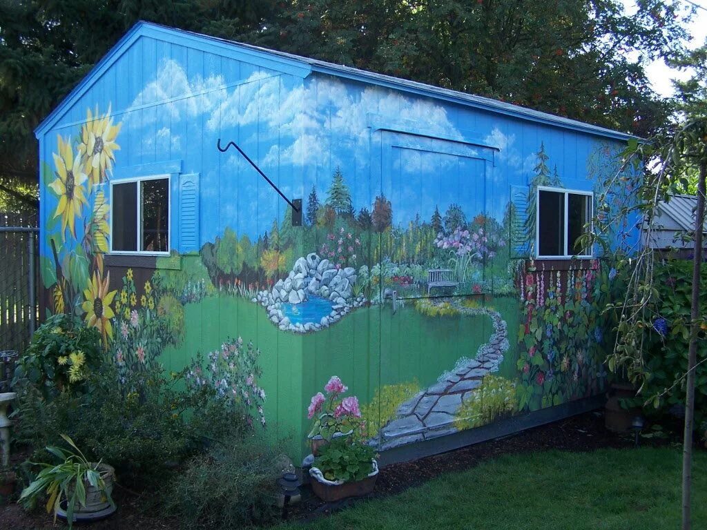 Раскрасить дачу своими руками Outdoor murals dress up sheds, garages and blank walls, plus seven tips or creat