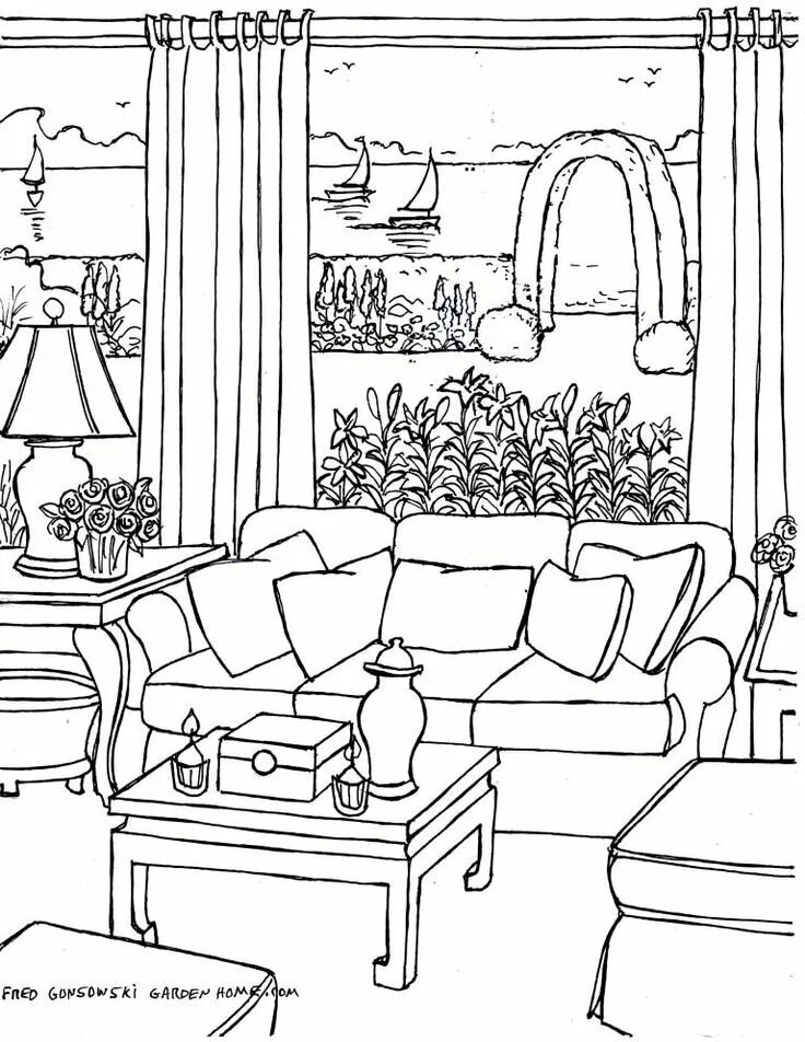 Раскраски интерьер комнаты распечатать раскраски Coloring pages for Adults. Some Drawings of Living Rooms for Adults to Color. Fr