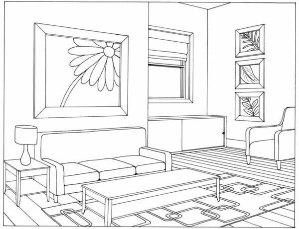 Раскраски интерьер комнаты распечатать раскраски An interior scene - how many vanishing points? Interior design student, Interior