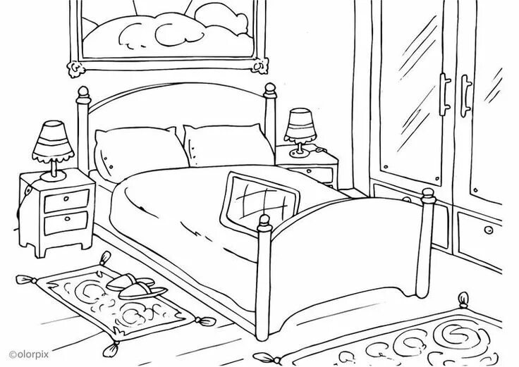 Раскраски интерьер комнаты распечатать раскраски Coloring page bedroom - img 25998. Imagenes para colorear niños, Dibujos de casa