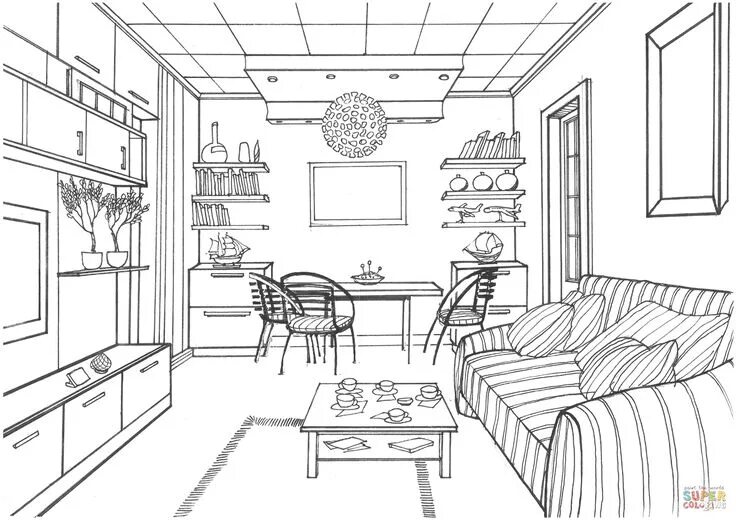 Раскраски интерьер комнаты распечатать раскраски Imagem relacionada Room perspective drawing, Interior design sketches, Interior 