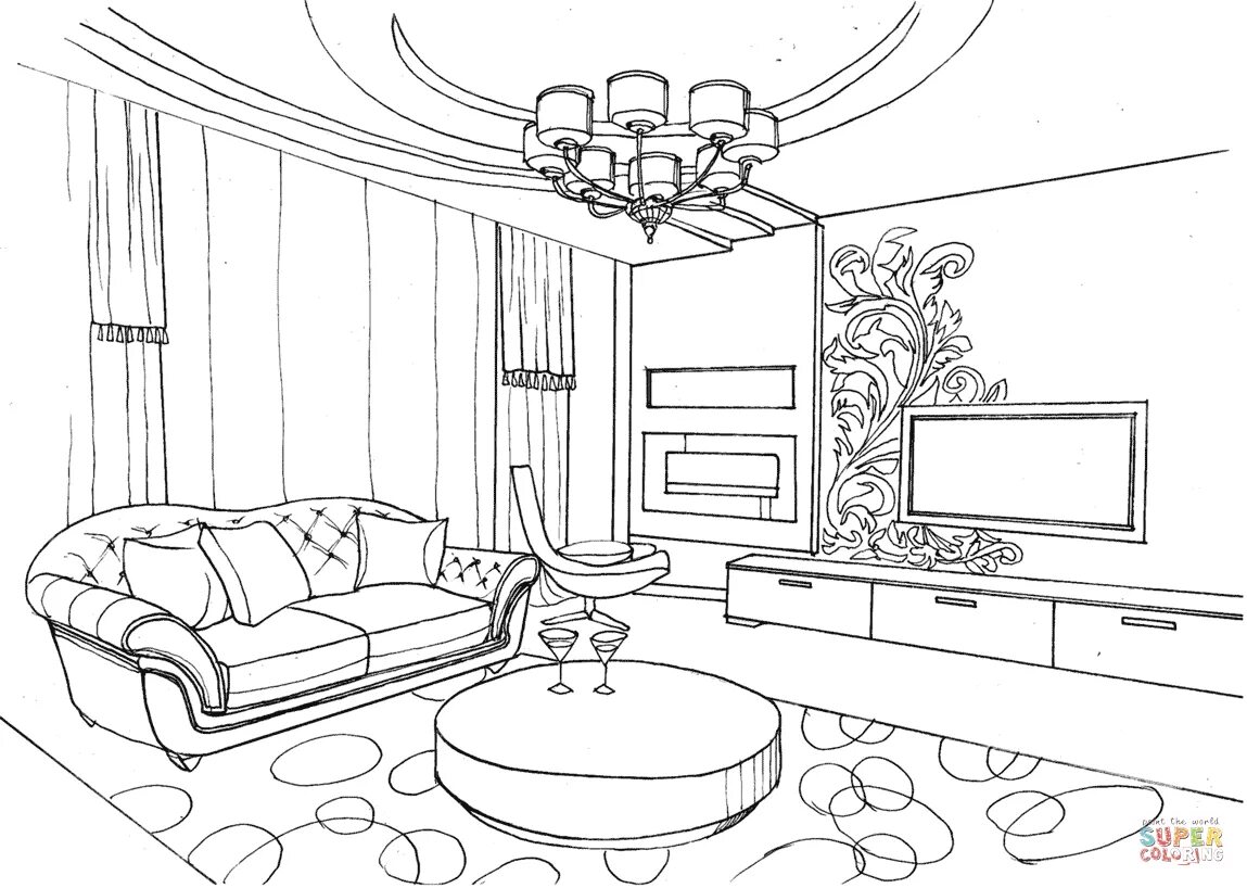 Раскраски интерьер комнаты распечатать раскраски Related image Interior design sketches, Room perspective drawing, Drawing interi