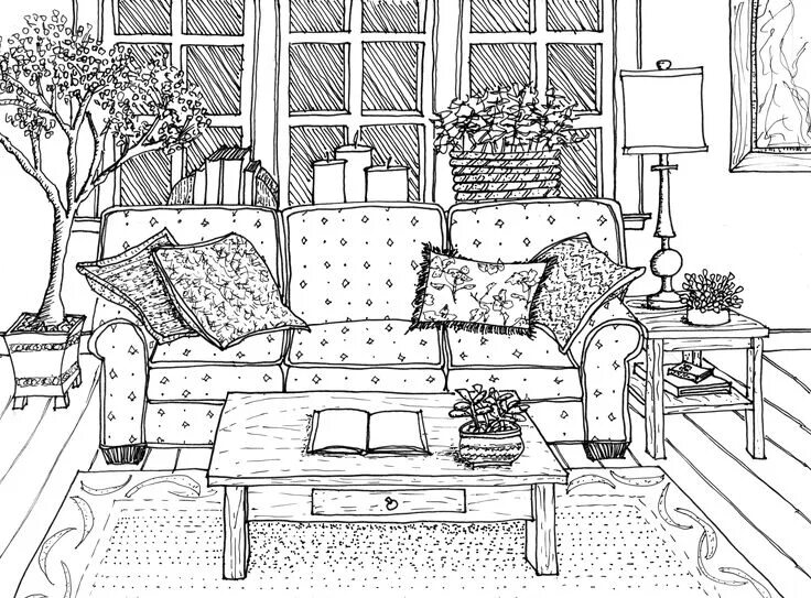 Раскраски интерьер комнаты распечатать раскраски Interior Line Drawing Interior rendering, Interior design drawings, Interior des