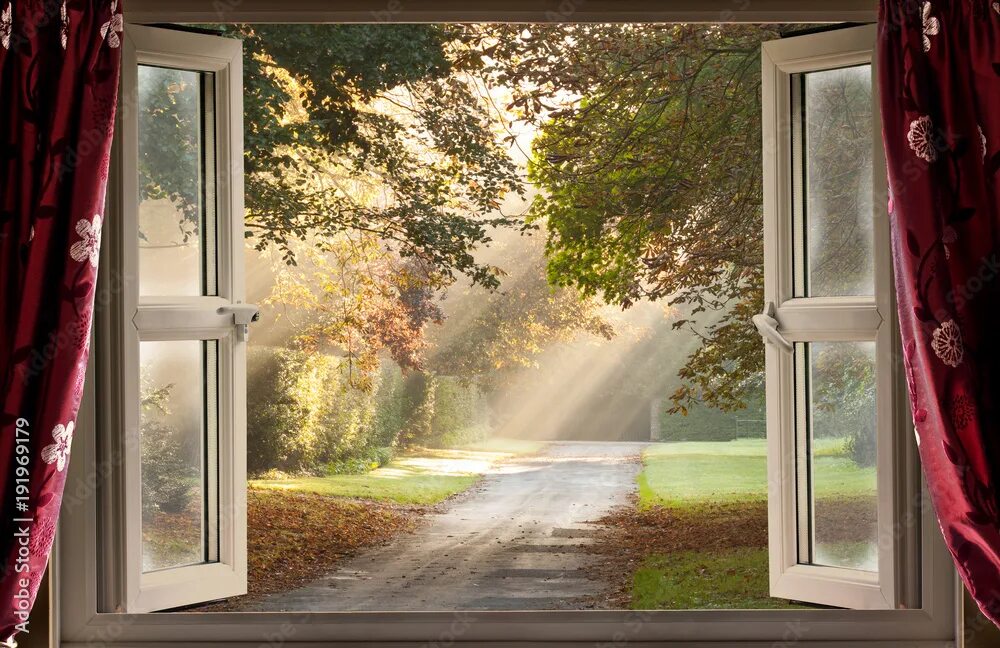 Распахнутые окна фото Open window view onto a glorious morning with sunlight rays coming though the tr