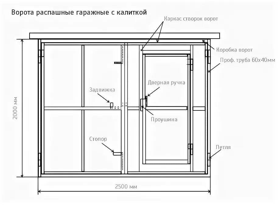 Распашные гаражные ворота с калиткой чертеж Металлические гаражные ворота