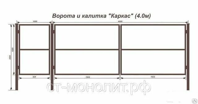 Распашные ворота 4м чертеж Каркас для профнастила: Ворота (4 м) + Калитка (0,95 м), цена в Санкт-Петербурге