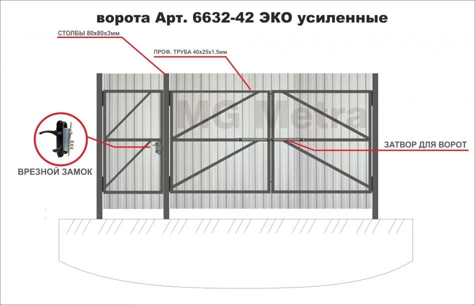 Распашные ворота для забора чертеж Ворота с калиткой из профлиста по низким ценам в Тюмени, скидка доставка