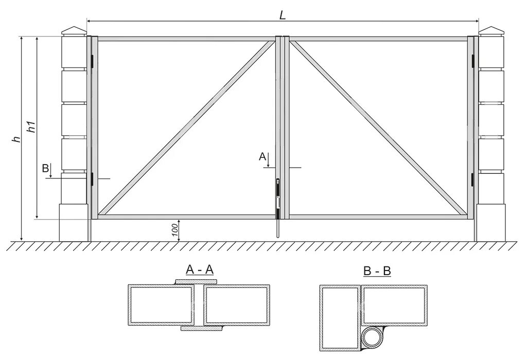 Распашные ворота схема чертеж конструкция Все виды заборов с бетонными столбами под ключ