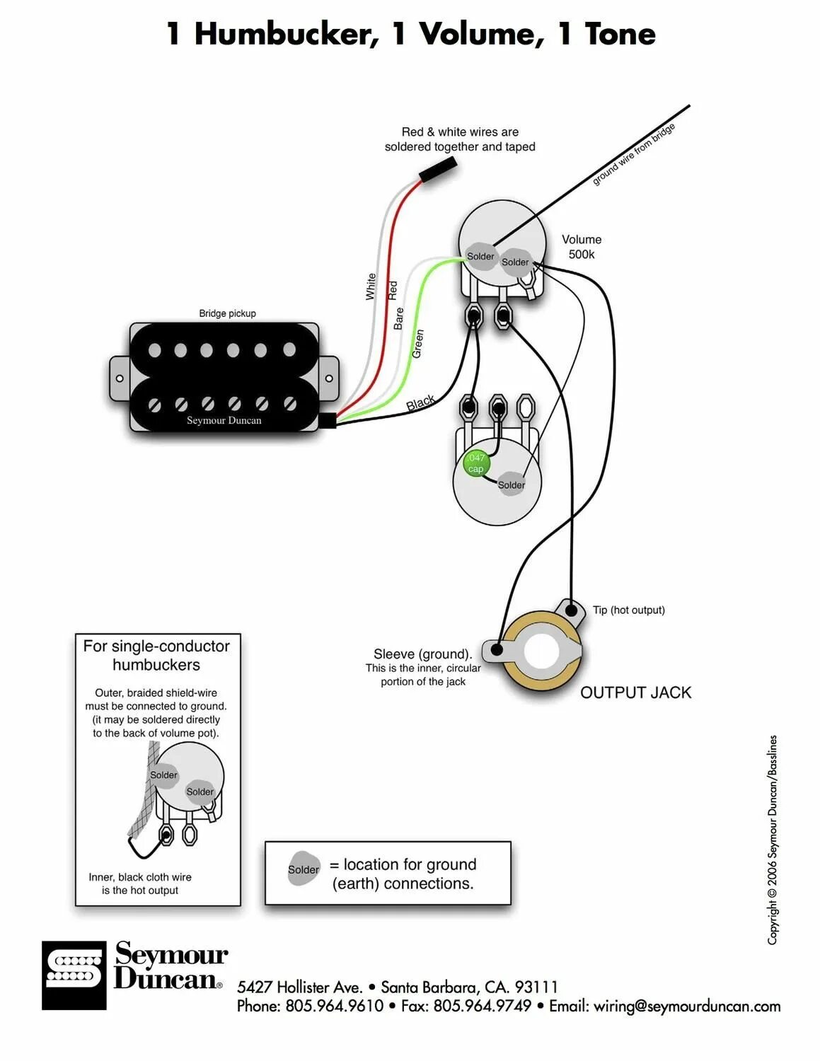 Распайка 1 хамбакер 1 громкость Electric Guitar Wiring Diagram with Humbucker, Volume, and Tone