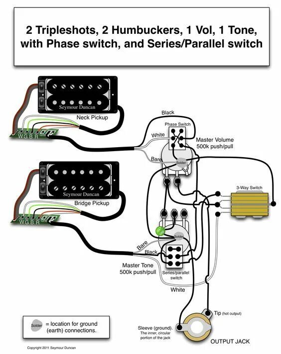 Распайка 2 хамбакера 2 громкости Seymour Duncan wiring diagram - 2 Triple Shots, 2 Humbuckers, 1 Vol with Phase s