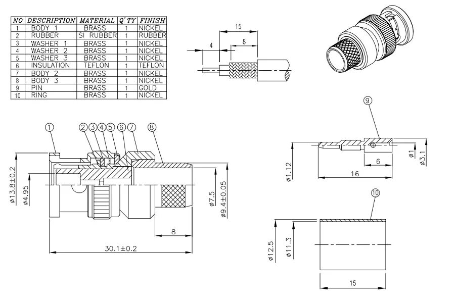 Распайка bnc BNC штекер (BNC-C213P) на RG-213, обжим , , Китай