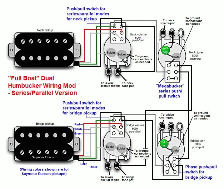 Распайка двух хамбакеров Dimarzio Humbucker Single Pickup Wiring Diagram