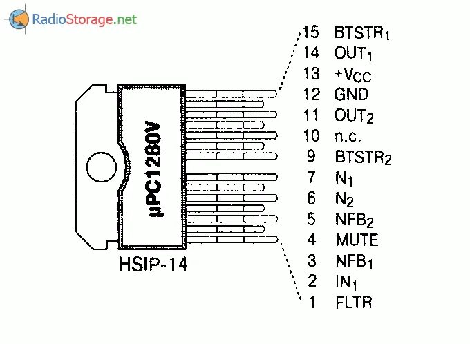 Распайка микросхемы Микросхема uPC1280V - мостовой усилитель НЧ (20Вт при 13В)