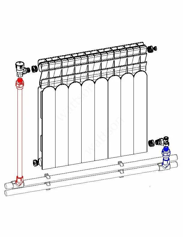 Распайка радиатора отопления WATTSON AL радиатор 500 080 08,PPR,открытый монтаж,ручная регулировка, купить, ц