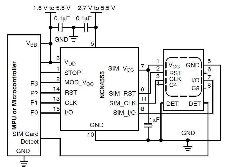 Распайка сим карты NCN4555: SIM Card Power Supply and Level Translator