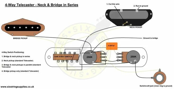 Распайка телекастер Wiring diagram for the 4-way Telecaster setup which allows all three classic Tel