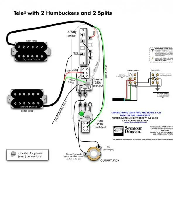 Распайка телекастер с хамбакером Wiring Diagram 2 Humbuckers Coil Splits plus Series/Parrallel and Phase Switch