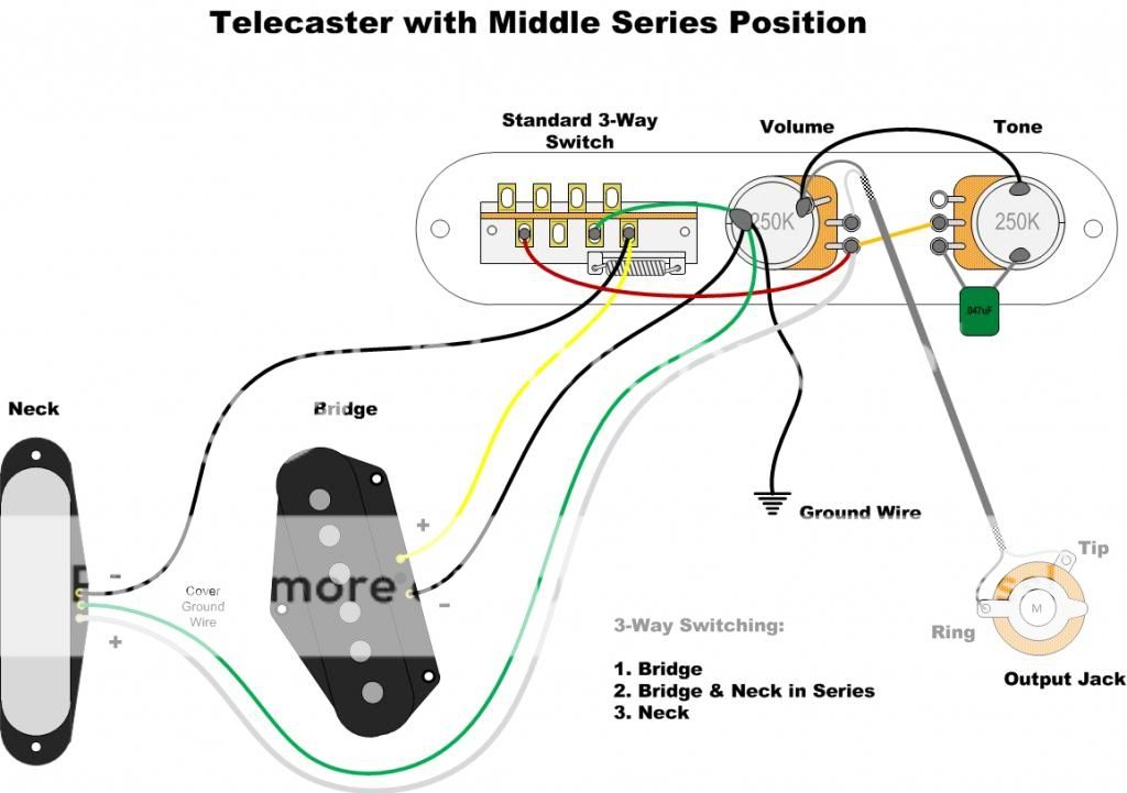 Распайка телекастера 3 позиции Wiring scheme for 2 single coils, 1 vol 1 tone and a 3 way-switch The Gear Page