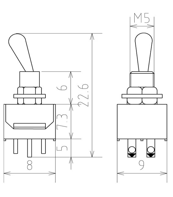 Распайка тумблера Тумблер мини 6 конт. DPDT (on-on) (B070E) PST-42A