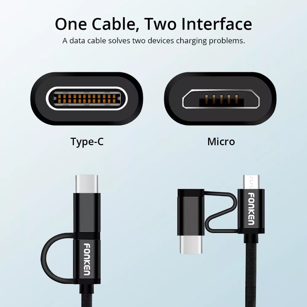 Распайка type c для зарядки телефона FONKEN 2 in 1 Micro USB Type C Quick Charge Cable Nylon USB C Cable Fast Chargin