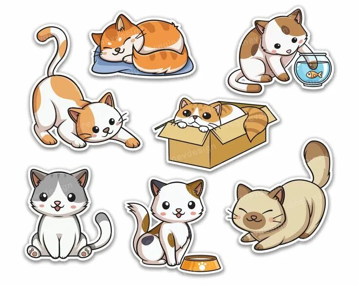 Распечатать фото котика для наклеек Cute Cat Clipart, Kitten, Sticker, Pussycat, Vector, Kawaii, Chibi, Scrapbooking