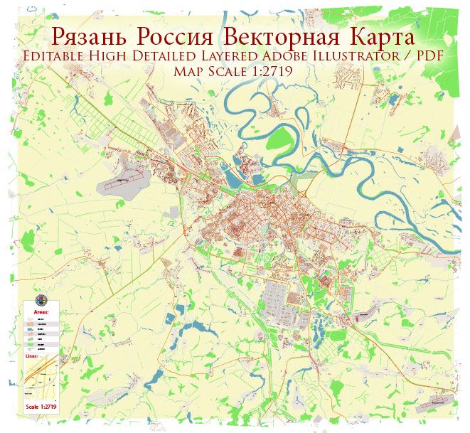 Распечатать фото рязань на карте Ryazan Russia PDF Vector Map: High Detailed editable Adobe PDF in layers, + Hous