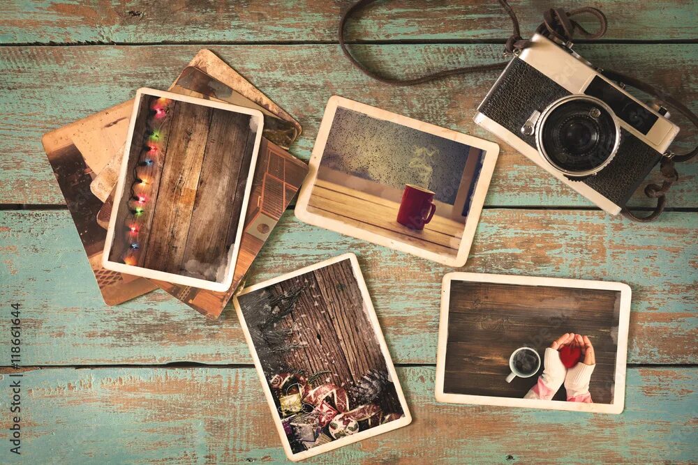 Распечатать фото в стиле Merry christmas (xmas) photo album on old wood table. paper photo of polaroid ca