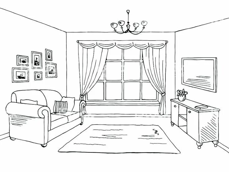 Распечатать интерьер комнаты Image result for living room line drawing Drawing room interior design, Living r