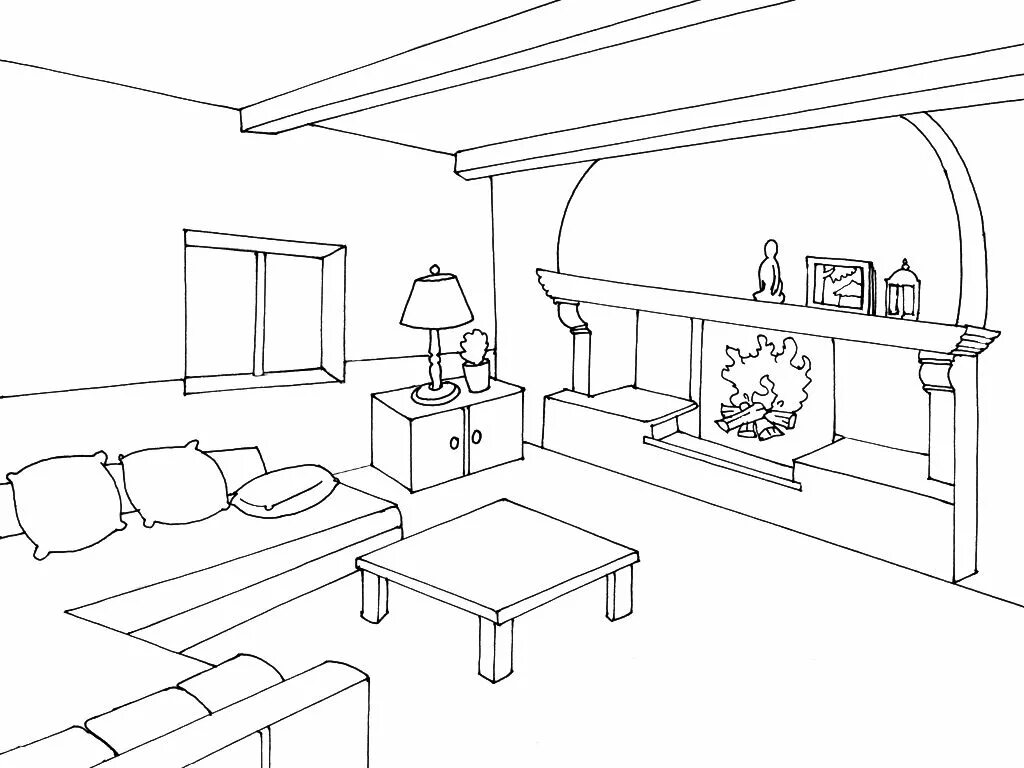 Распечатать интерьер комнаты Image de Salon Chambre colorée, Salle vide, Coloriage