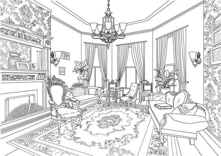 Распечатать интерьер комнаты Pin by Ananefatma on photos Victorian living room, Castle coloring page, Colorfu