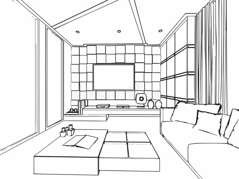 Распечатать интерьер комнаты Outline Sketch Drawing Interior Perspective Of House Stock Vector - Illustration