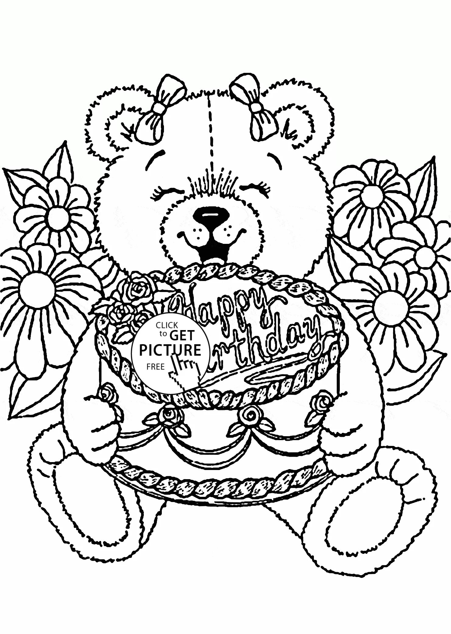 Распечатать картинки с днем рождения женщине Teddy Bear Happy Birthday coloring page for kids, holiday coloring pages printab