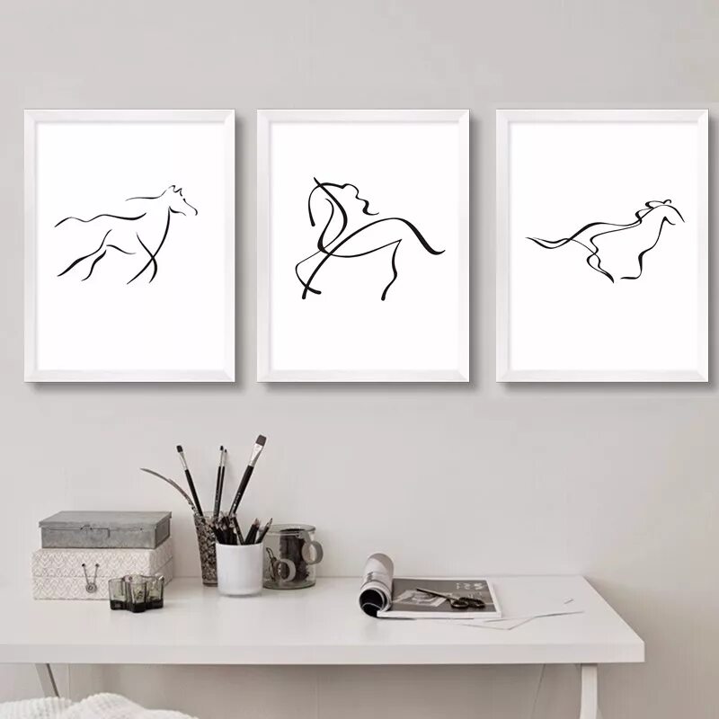 Распечатать картины на стену для интерьера NEW Nordic Minimalist Horse Canvas Painting Black and White Poster Wall POP Art 