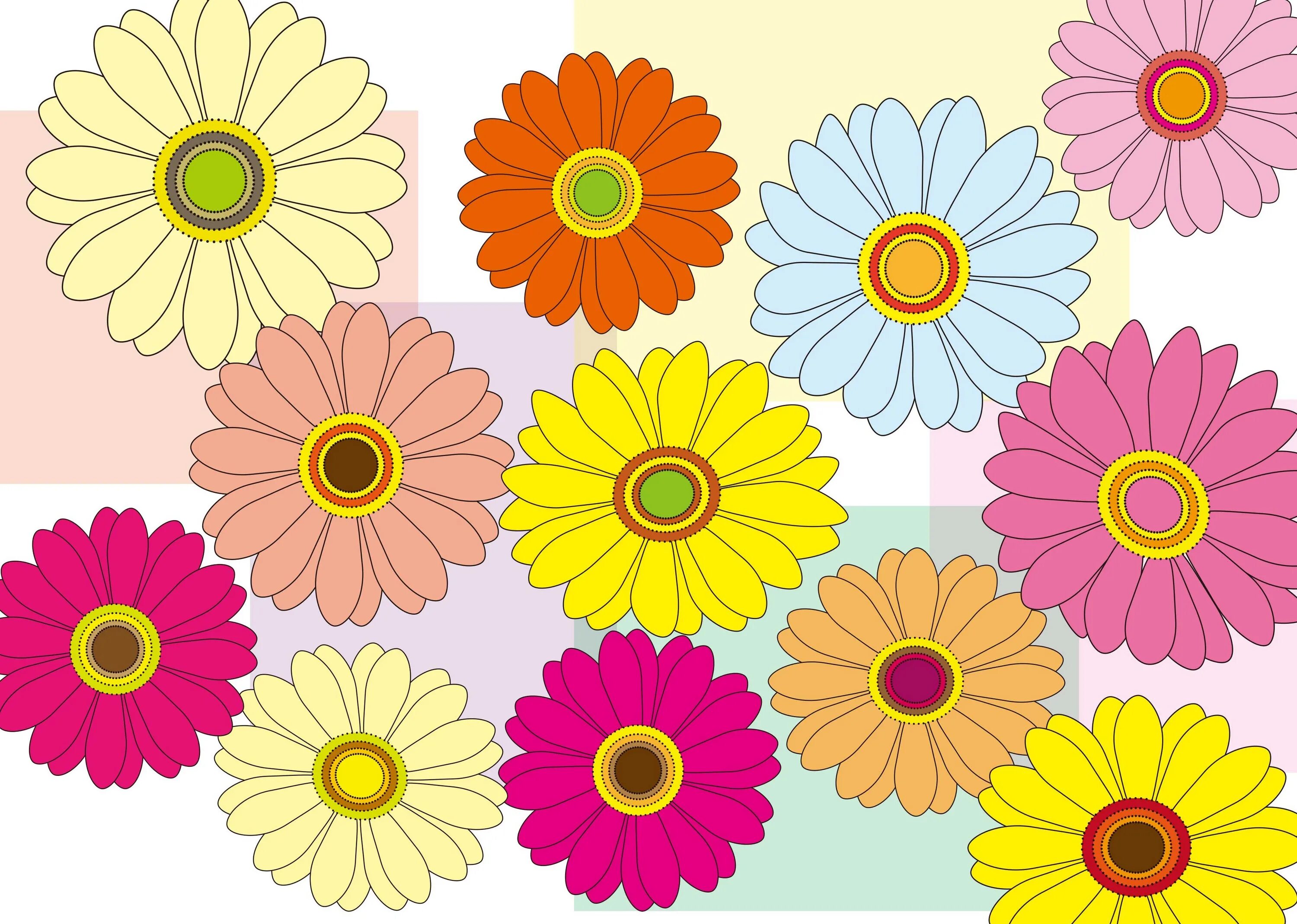 Распечатать красивые цветы для оформления Colorful flowers drawing, gerbera, background free image download