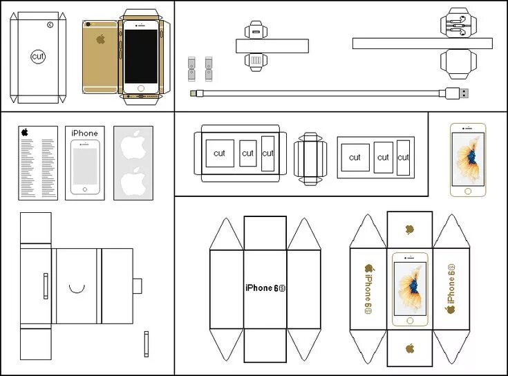 Распечатать своими руками схемы Papercraft Gold iPhone 6S and Box Ideias para casa de bonecas, Casa de bonecas e