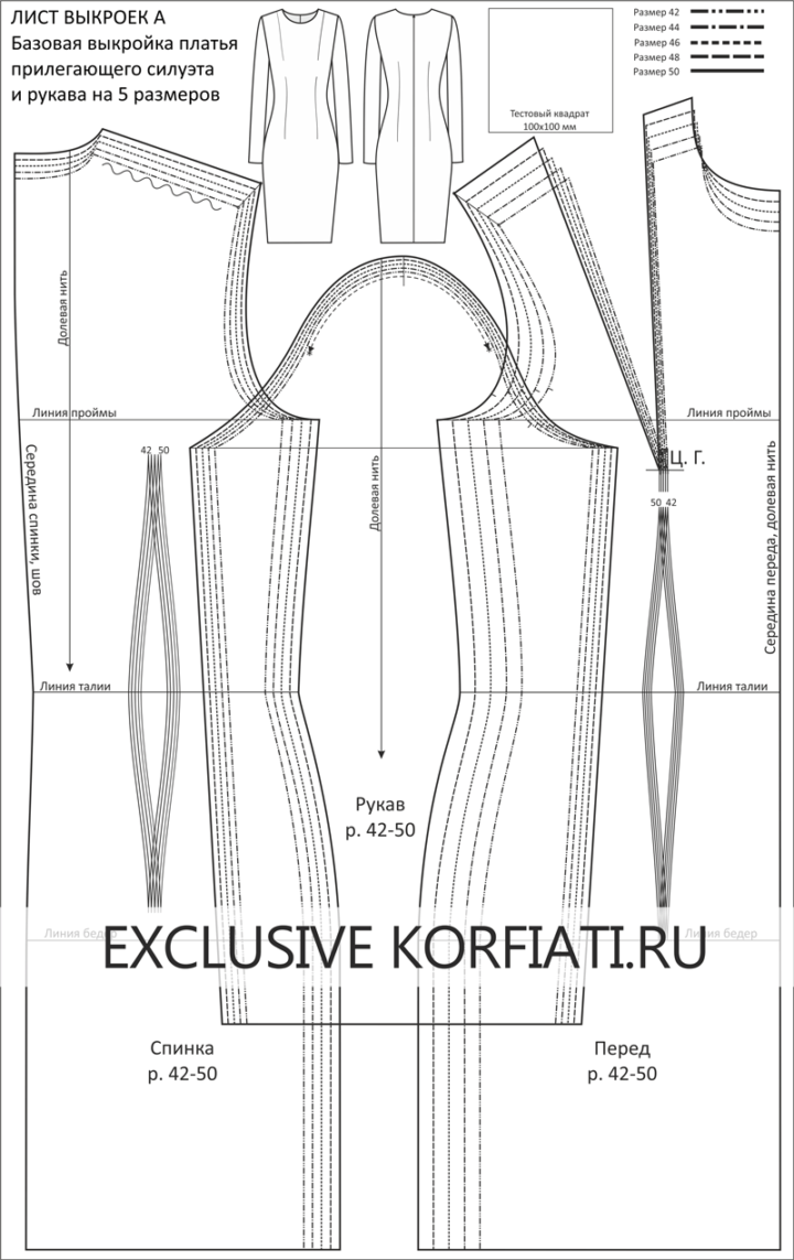 Распечатать выкройку платья Выкройка-основа платья на 5 размеров - скачайте бесплатно! Школа Шитья А.Корфиат