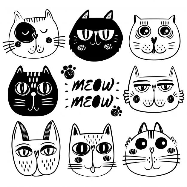 Распечатка котики фото Free Vector Cat faces collection in 2024 Cat face, Cat doodle, Cat illustration