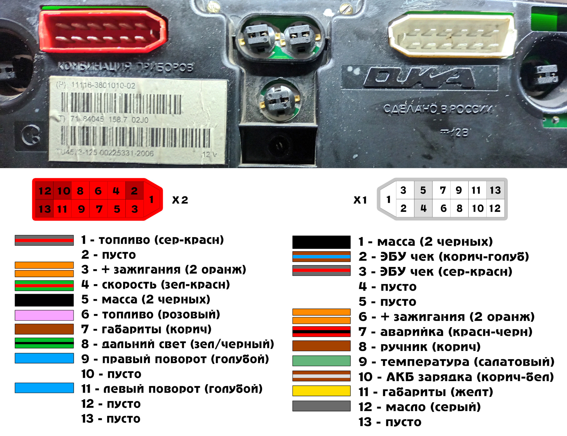 Распиновка 3801010 Распиновка приборной панели СЕАЗ-11116 - СеАЗ 11116 Ока, 1 л, 2007 года электрон