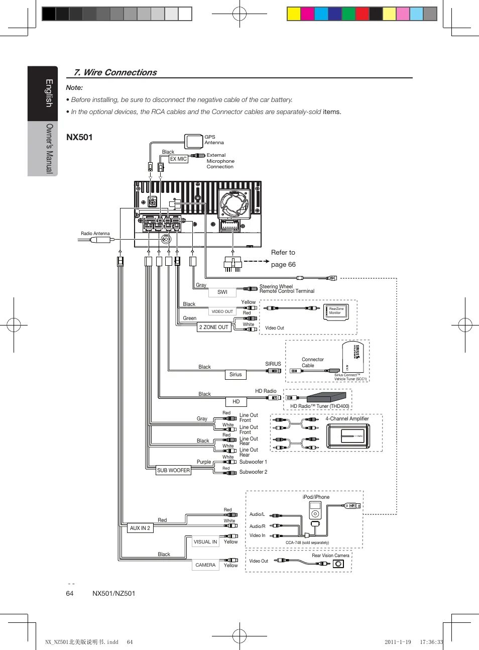 Распиновка clarion Wire connections, English owner' s manual, Refer to page 61 Clarion NX501 User M