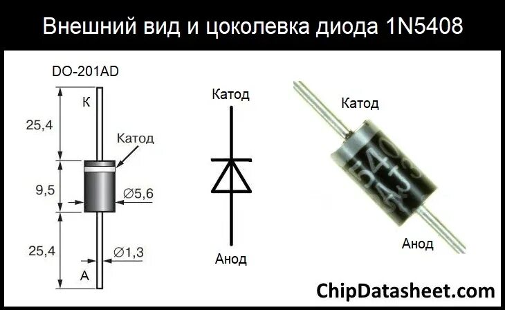 Распиновка диода Характеристики диода 1N5408: цоколевка, аналог, datasheet