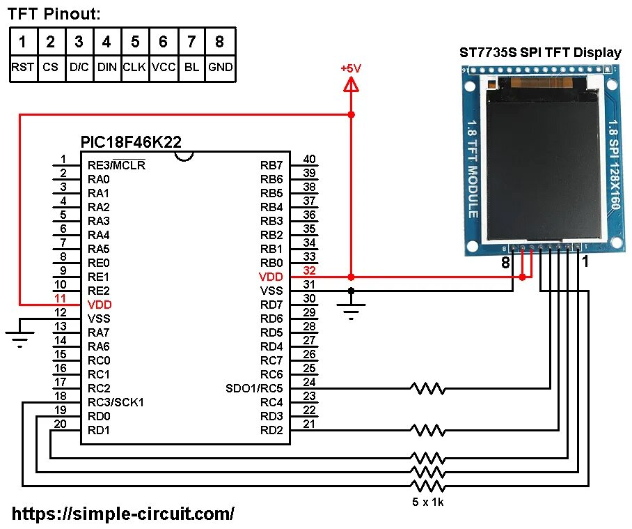 Распиновка экрана PIC MCU with ST7735 TFT - Graphics Test Example mikroC Projects